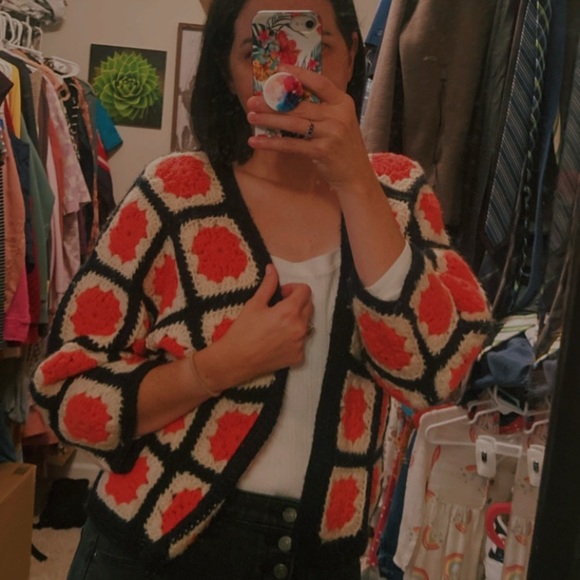 Handmade Granny Square Crochet Knit Colorful Cardigan Sweater - Picture 1 of 11